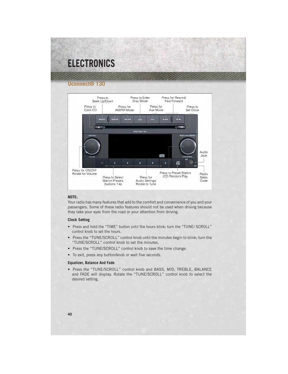 Uconnect® 130, Clock setting, Equalizer, balance and fade | Uconnect, Electronics | Ram Trucks 2013 С/V - User Guide User Manual | Page 42 / 140