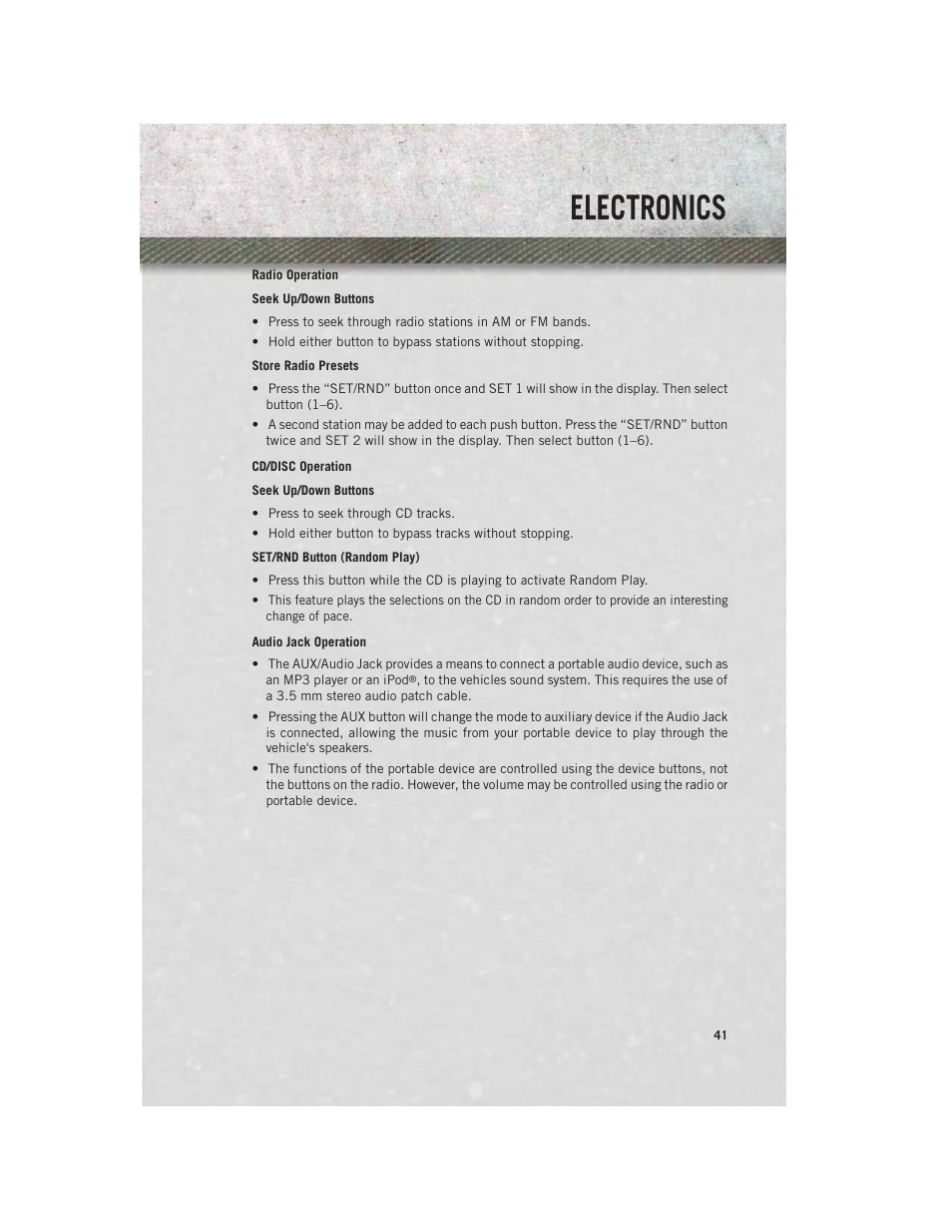 Radio operation, Cd/disc operation, Audio jack operation | Electronics | Ram Trucks 2013 С/V - User Guide User Manual | Page 43 / 140