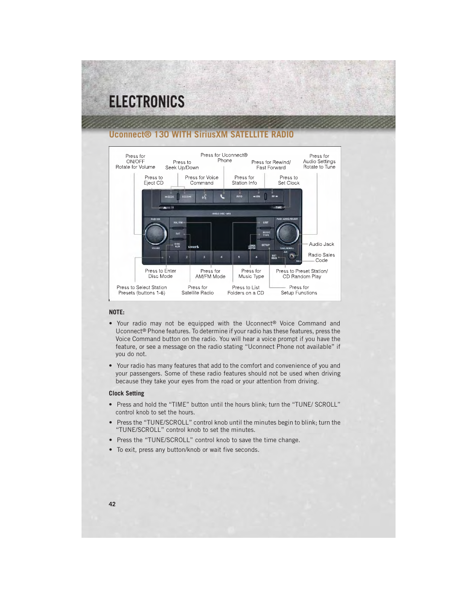 Uconnect® 130 with siriusxm satellite radio, Clock setting, Uconnect | 130 with siriusxm, Satellite radio, Electronics | Ram Trucks 2013 С/V - User Guide User Manual | Page 44 / 140