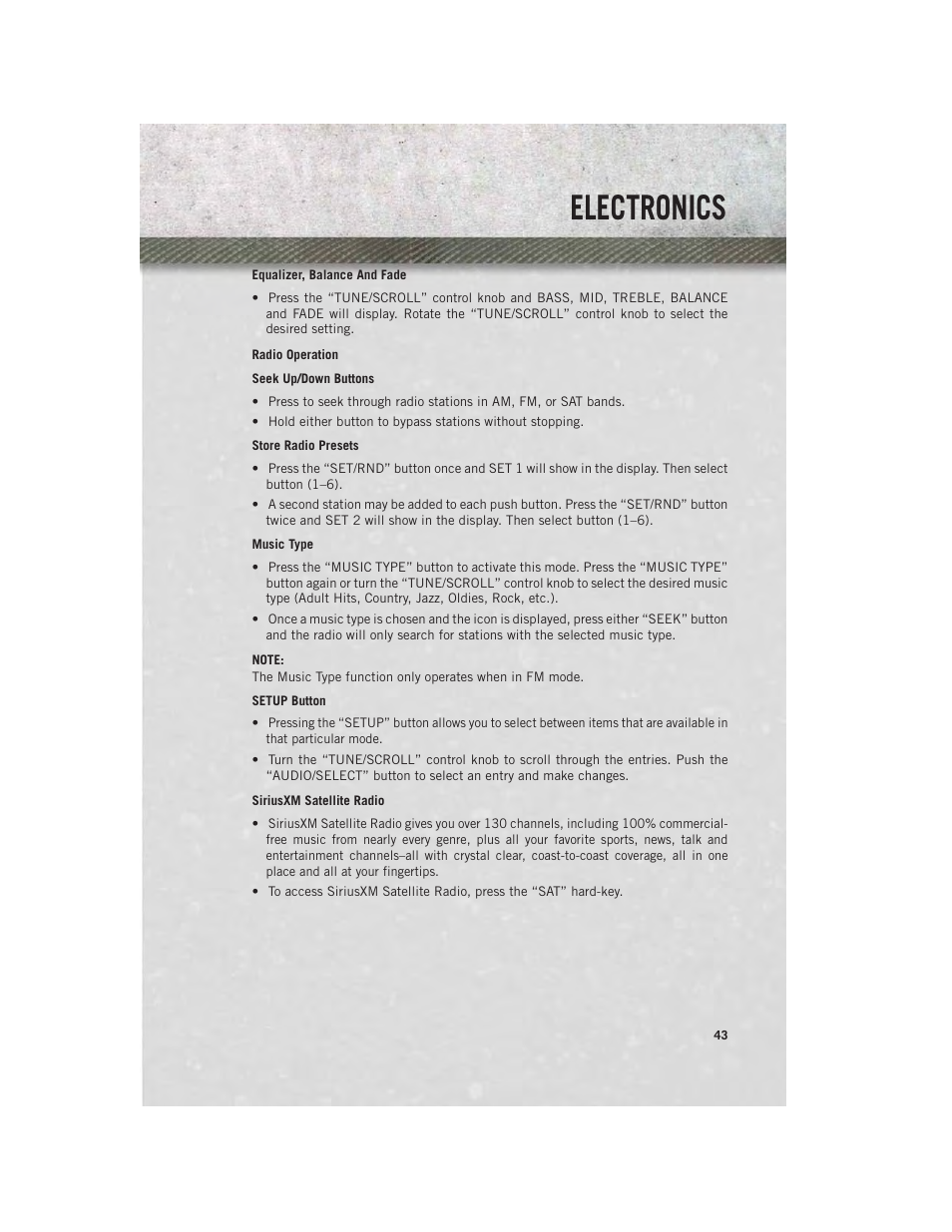 Equalizer, balance and fade, Radio operation, Siriusxm satellite radio | Electronics | Ram Trucks 2013 С/V - User Guide User Manual | Page 45 / 140