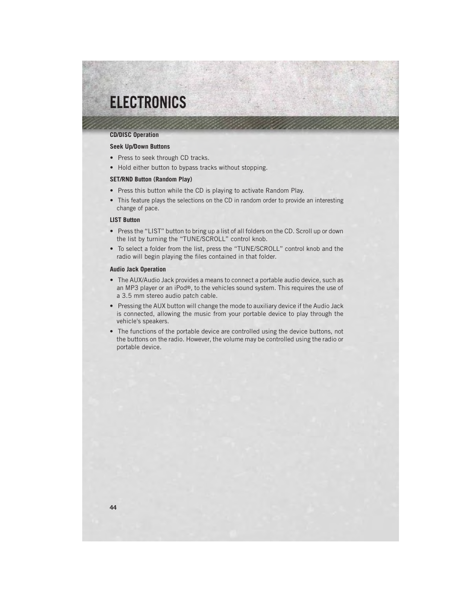 Cd/disc operation, Audio jack operation, Electronics | Ram Trucks 2013 С/V - User Guide User Manual | Page 46 / 140