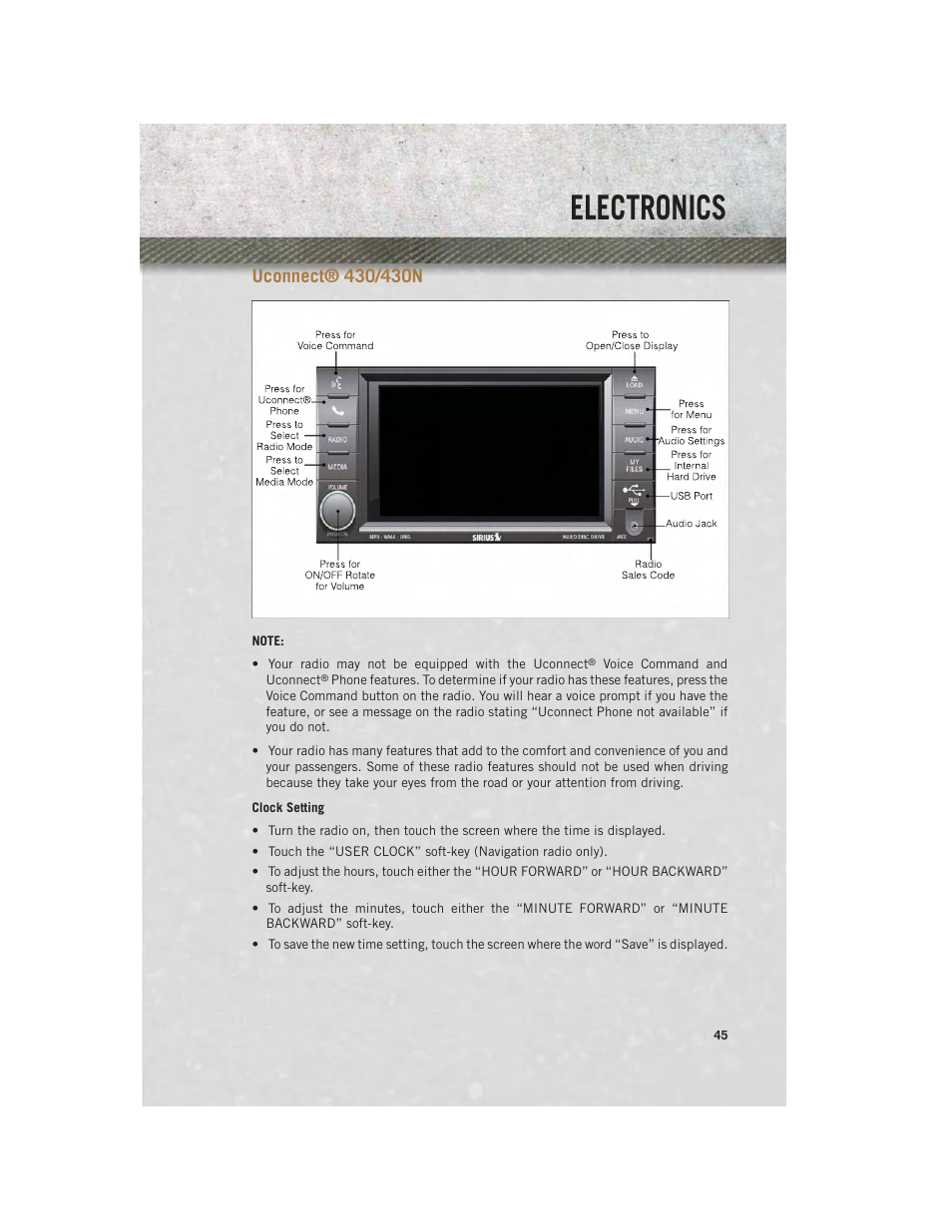 Uconnect® 430/430n, Clock setting, Uconnect | 430/430n, Electronics | Ram Trucks 2013 С/V - User Guide User Manual | Page 47 / 140