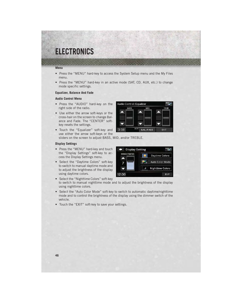 Menu, Equalizer, balance and fade, Electronics | Ram Trucks 2013 С/V - User Guide User Manual | Page 48 / 140