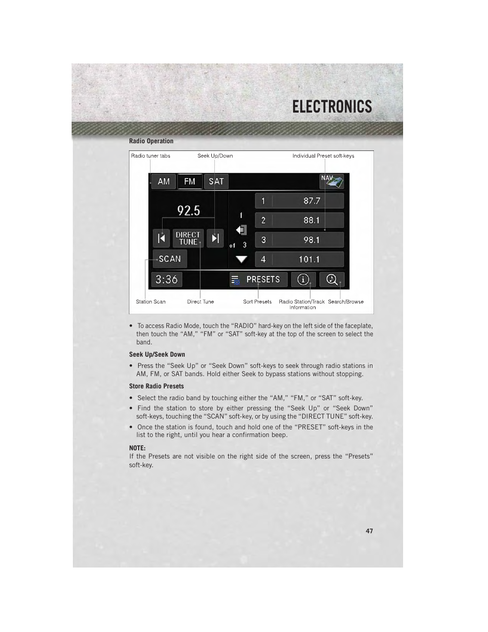 Radio operation, Electronics | Ram Trucks 2013 С/V - User Guide User Manual | Page 49 / 140