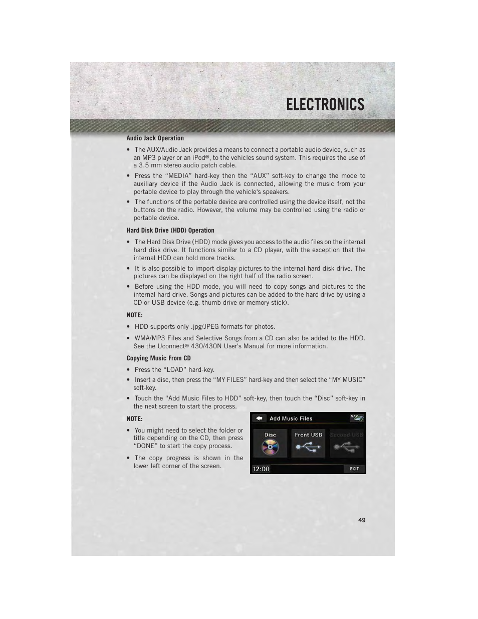 Audio jack operation, Hard disk drive (hdd) operation, Electronics | Ram Trucks 2013 С/V - User Guide User Manual | Page 51 / 140