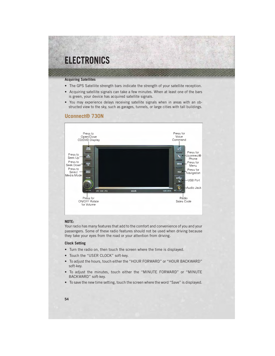Uconnect® 730n, Clock setting, Uconnect | 730n, Electronics | Ram Trucks 2013 С/V - User Guide User Manual | Page 56 / 140