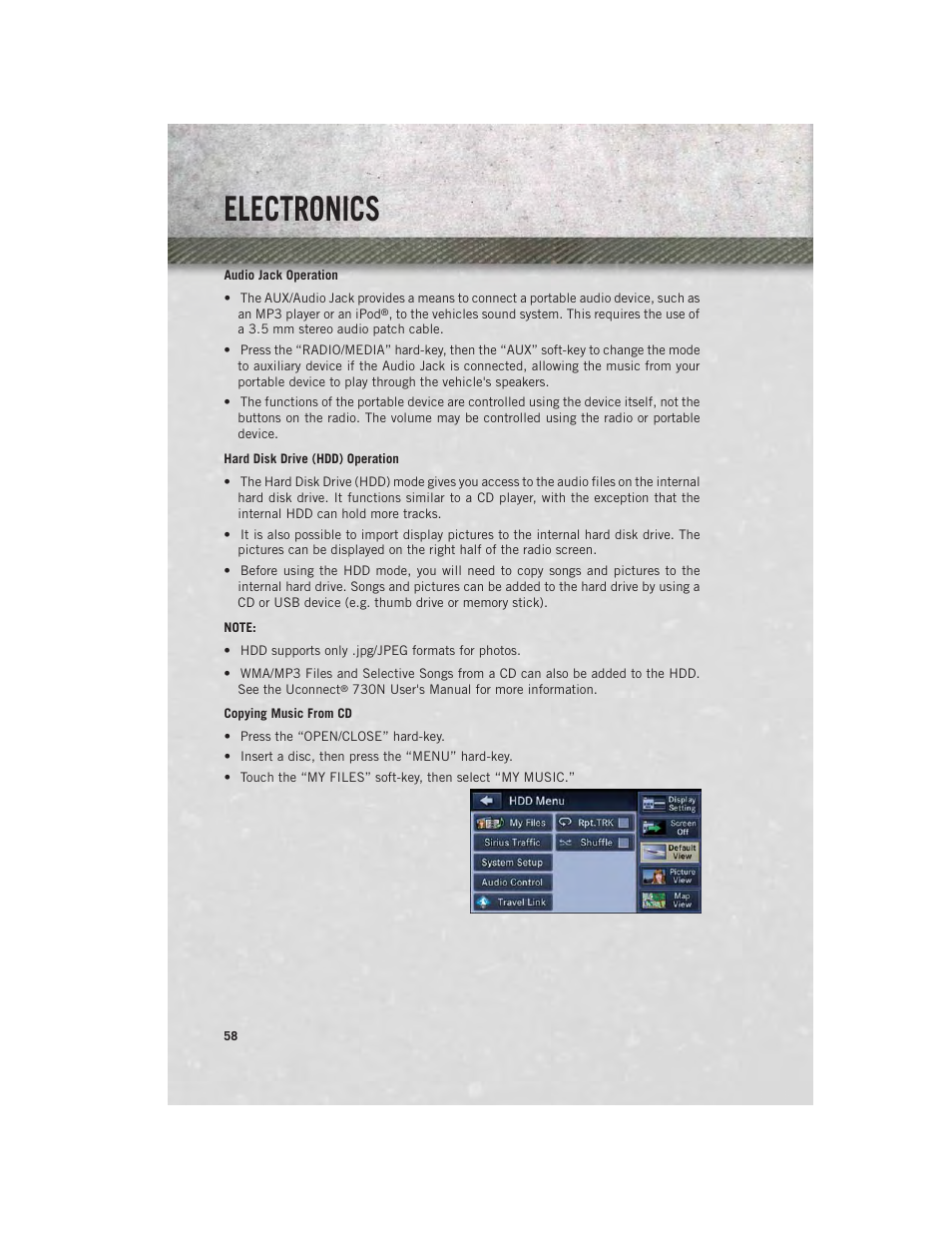 Audio jack operation, Hard disk drive (hdd) operation, Electronics | Ram Trucks 2013 С/V - User Guide User Manual | Page 60 / 140