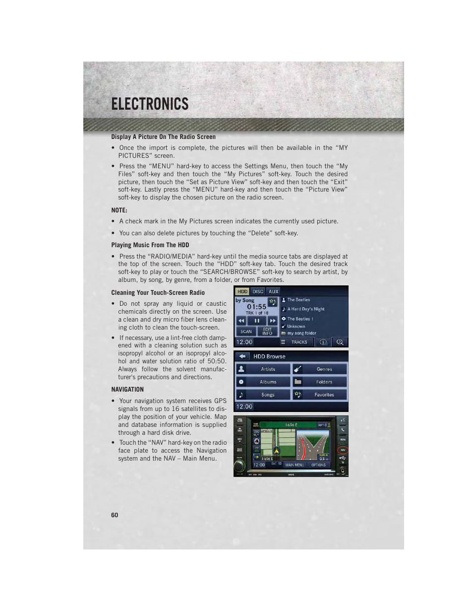 Cleaning your touch-screen radio, Navigation, Electronics | Ram Trucks 2013 С/V - User Guide User Manual | Page 62 / 140