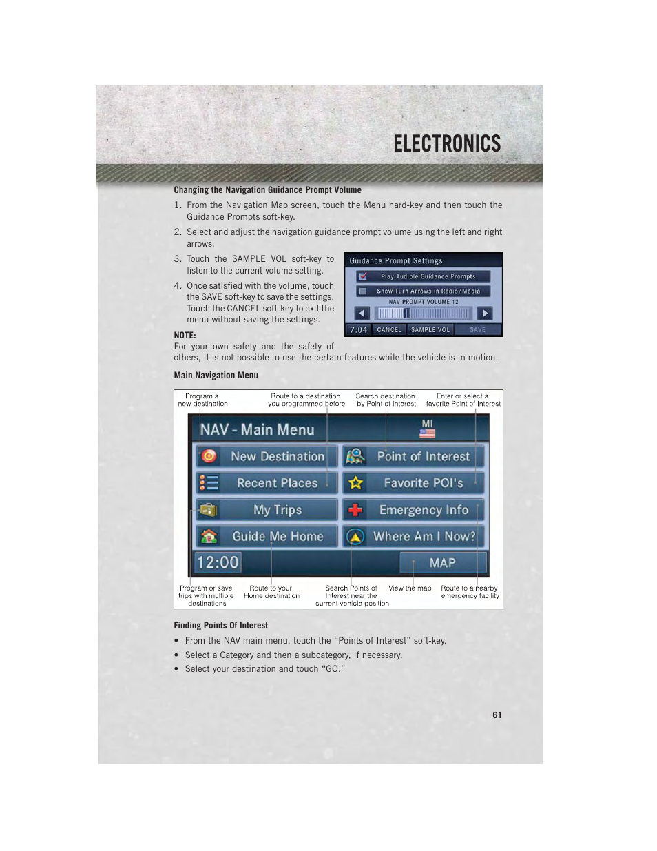 Main navigation menu, Electronics | Ram Trucks 2013 С/V - User Guide User Manual | Page 63 / 140