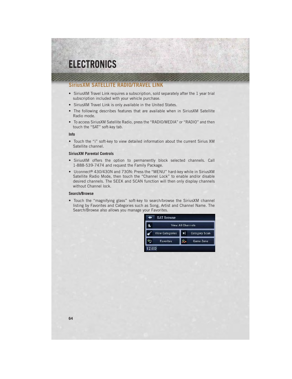 Siriusxm satellite radio/travel link, Electronics | Ram Trucks 2013 С/V - User Guide User Manual | Page 66 / 140