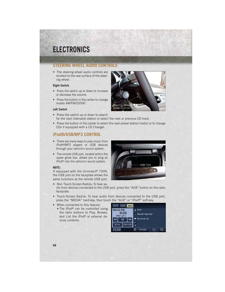 Steering wheel audio controls, Right switch, Left switch | Ipod®/usb/mp3 control, Steering wheel audio controls ipod, Usb/mp3 control, Electronics | Ram Trucks 2013 С/V - User Guide User Manual | Page 70 / 140