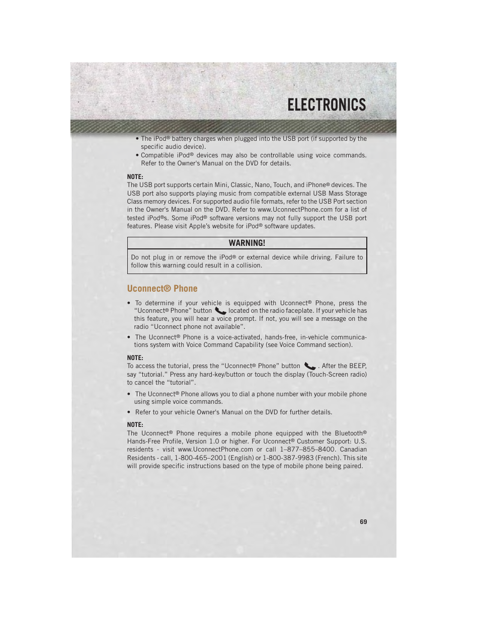 Uconnect® phone, Uconnect, Phone | Electronics, Warning | Ram Trucks 2013 С/V - User Guide User Manual | Page 71 / 140