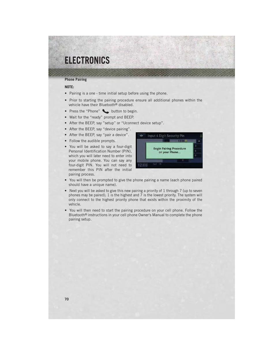 Phone pairing, Electronics | Ram Trucks 2013 С/V - User Guide User Manual | Page 72 / 140