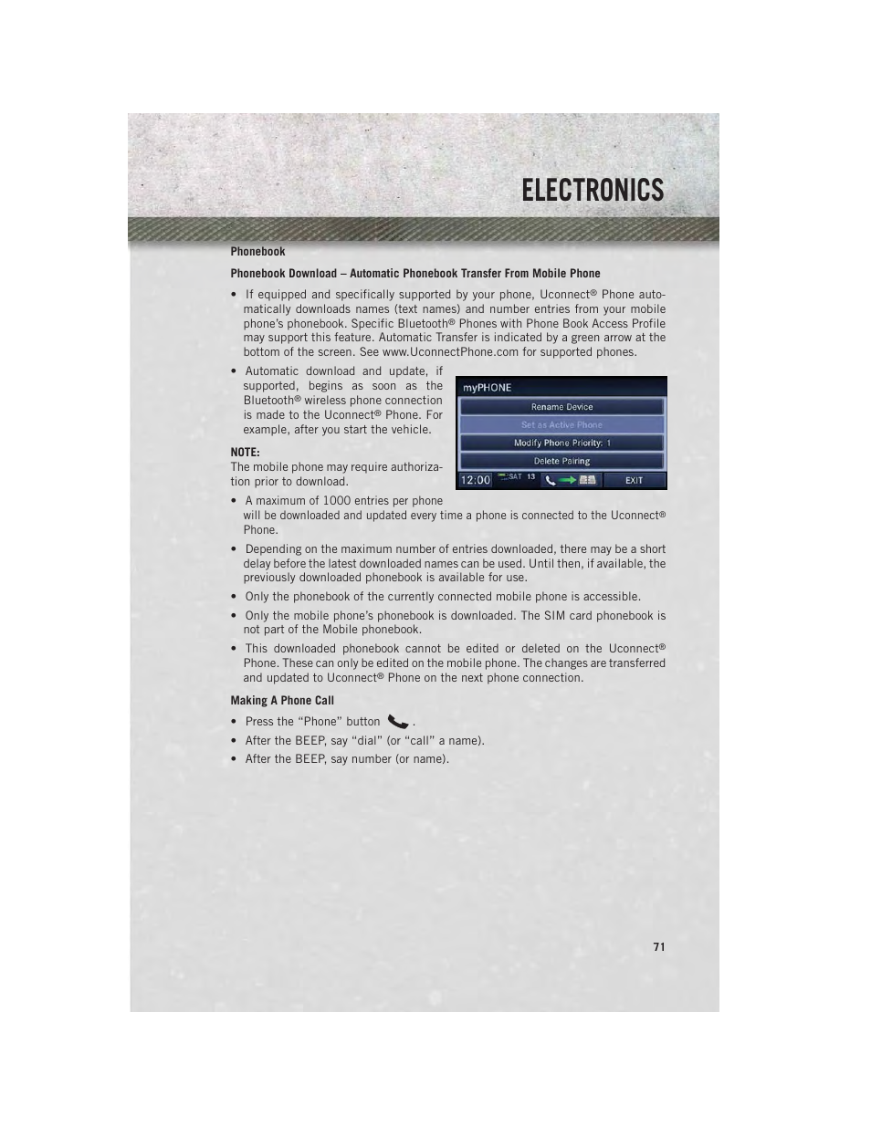 Phonebook, Making a phone call, Electronics | Ram Trucks 2013 С/V - User Guide User Manual | Page 73 / 140