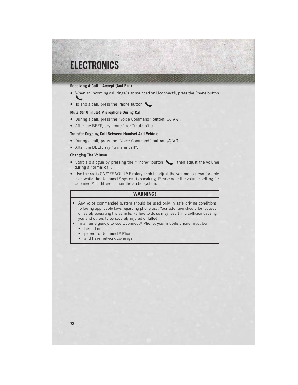 Receiving a call – accept (and end), Mute (or unmute) microphone during call, Transfer ongoing call between handset and vehicle | Changing the volume, Electronics, Warning | Ram Trucks 2013 С/V - User Guide User Manual | Page 74 / 140