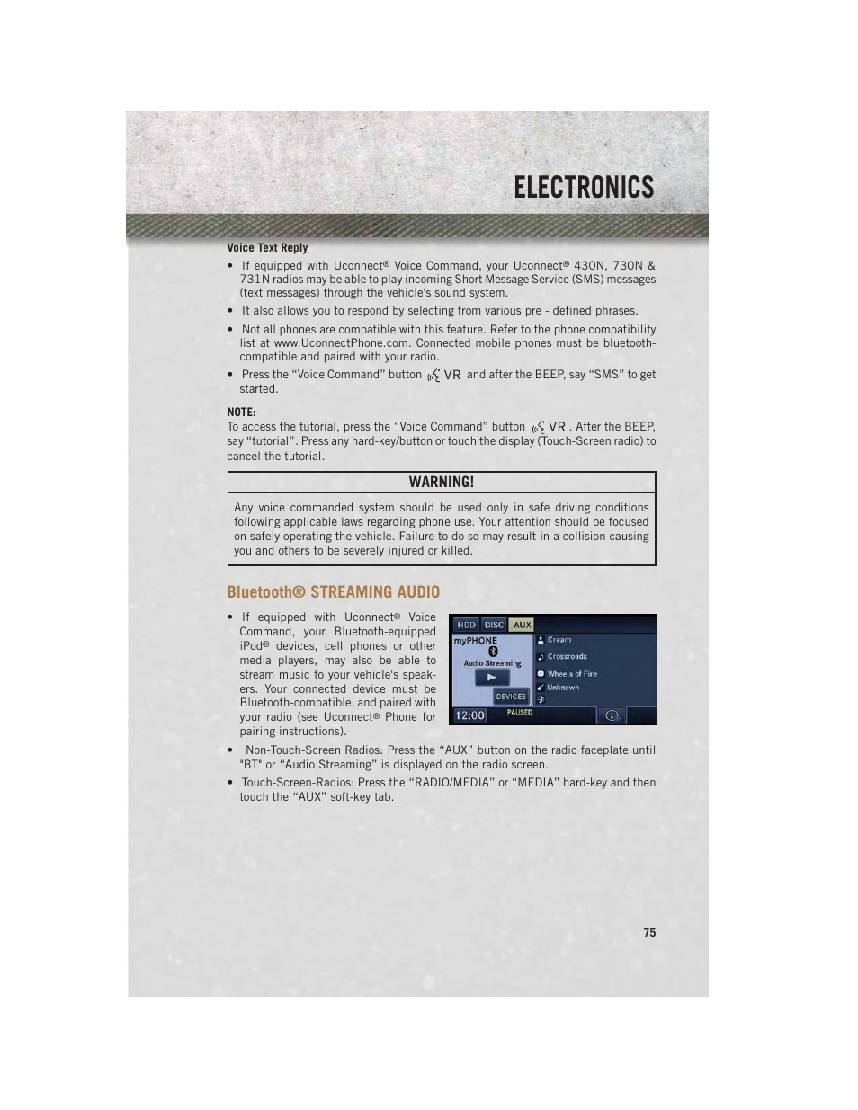 Voice text reply, Bluetooth® streaming audio, Bluetooth | Streaming audio, Electronics, Warning | Ram Trucks 2013 С/V - User Guide User Manual | Page 77 / 140