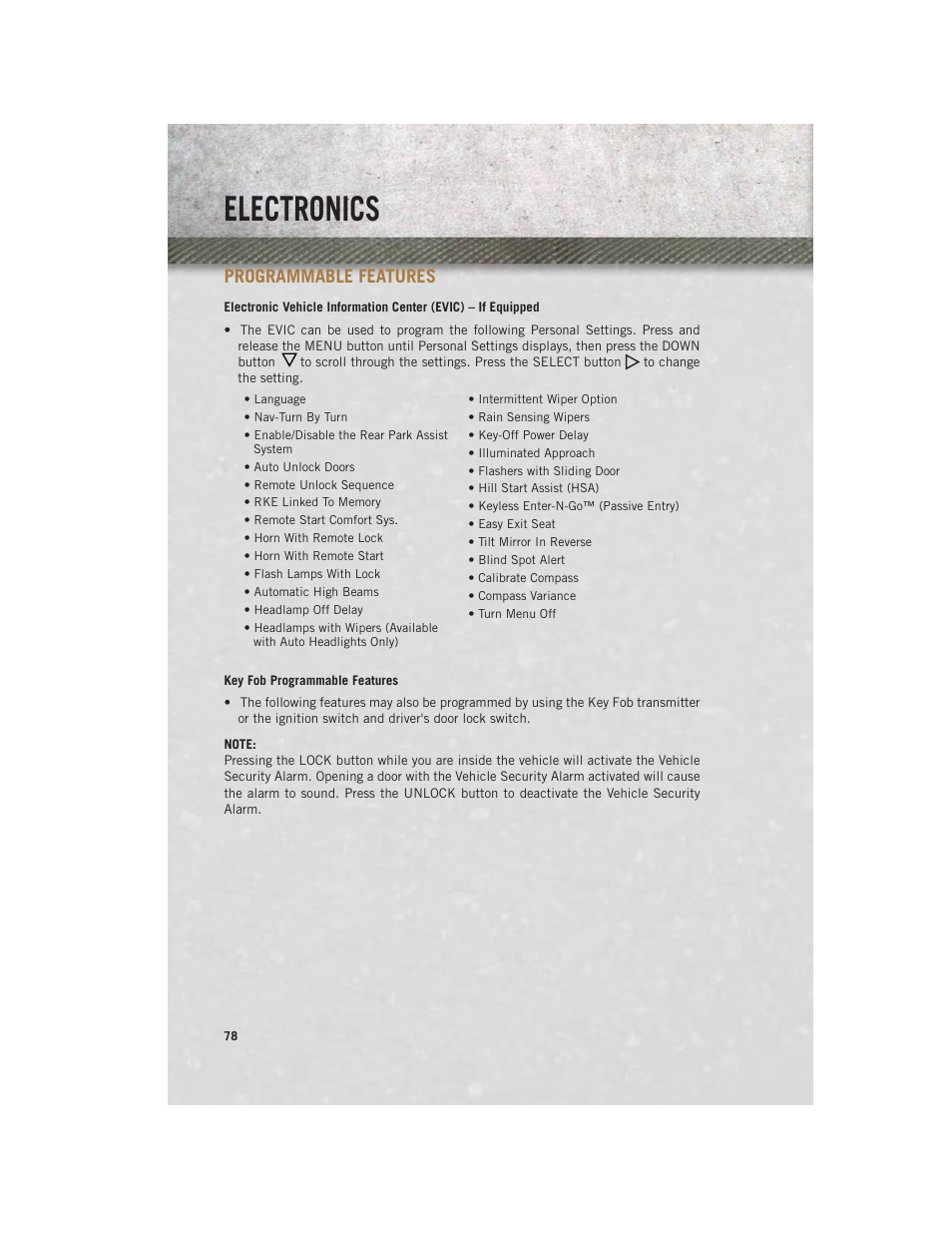 Programmable features, Key fob programmable features, Electronics | Ram Trucks 2013 С/V - User Guide User Manual | Page 80 / 140