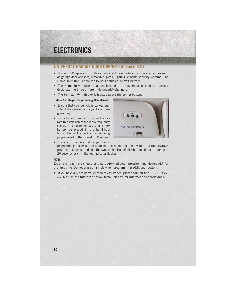 Universal garage door opener (homelink®), Before you begin programming homelink, Universal garage door opener (homelink | Electronics | Ram Trucks 2013 С/V - User Guide User Manual | Page 82 / 140