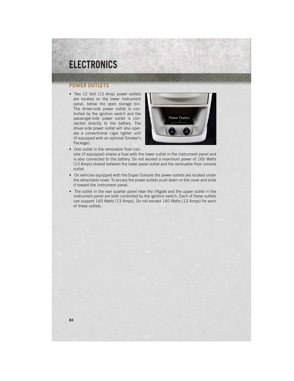 Power outlets, Electronics | Ram Trucks 2013 С/V - User Guide User Manual | Page 86 / 140