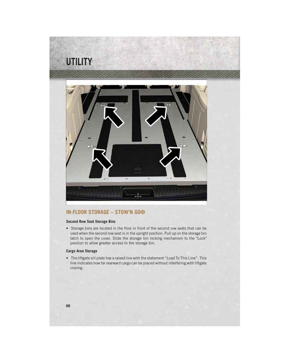 In-floor storage – stow'n go, Second row seat storage bins, Cargo area storage | Utility | Ram Trucks 2013 С/V - User Guide User Manual | Page 90 / 140
