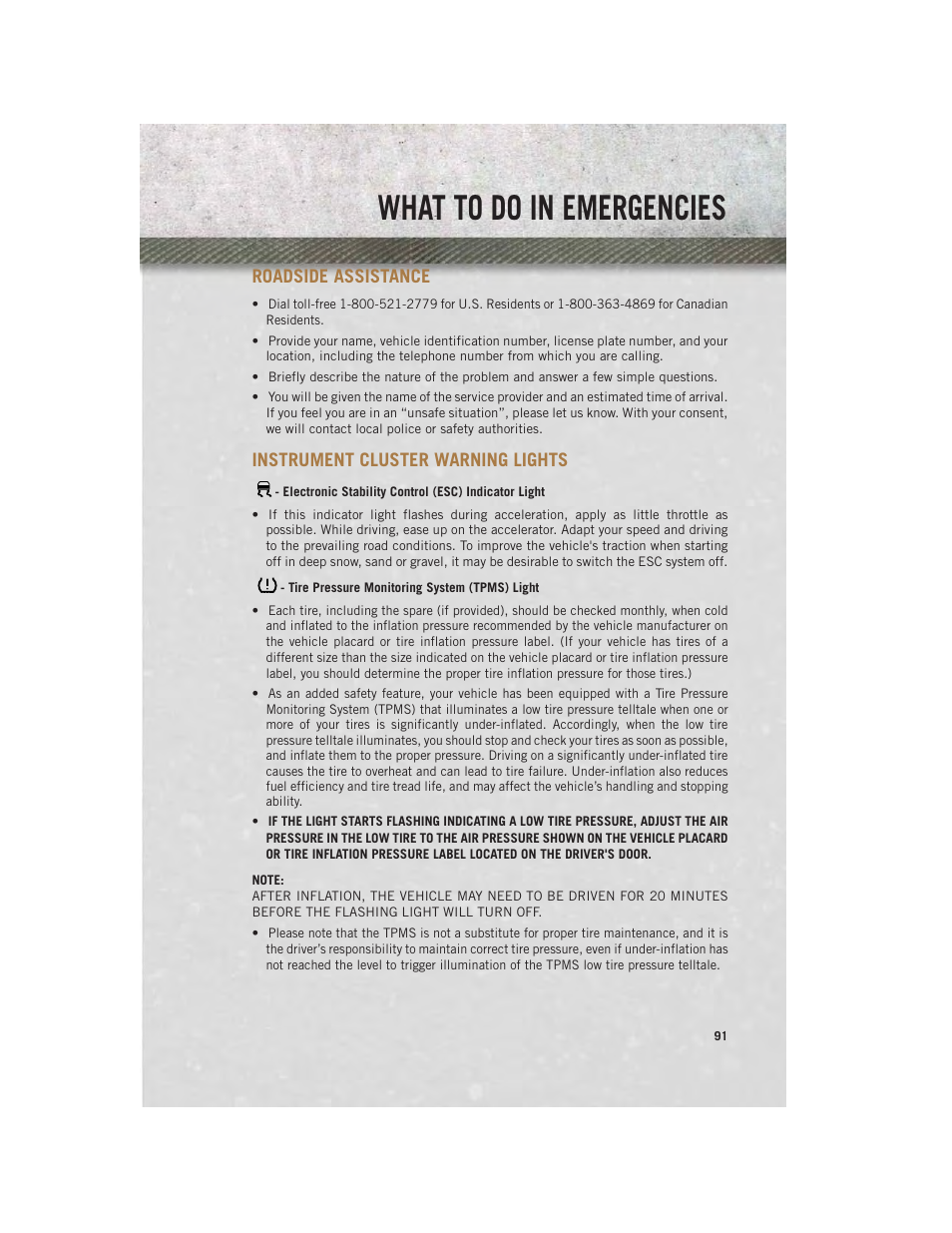 What to do in emergencies, Roadside assistance, Instrument cluster warning lights | Electronic stability control (esc) indicator light, Tire pressure monitoring system (tpms) light | Ram Trucks 2013 С/V - User Guide User Manual | Page 93 / 140