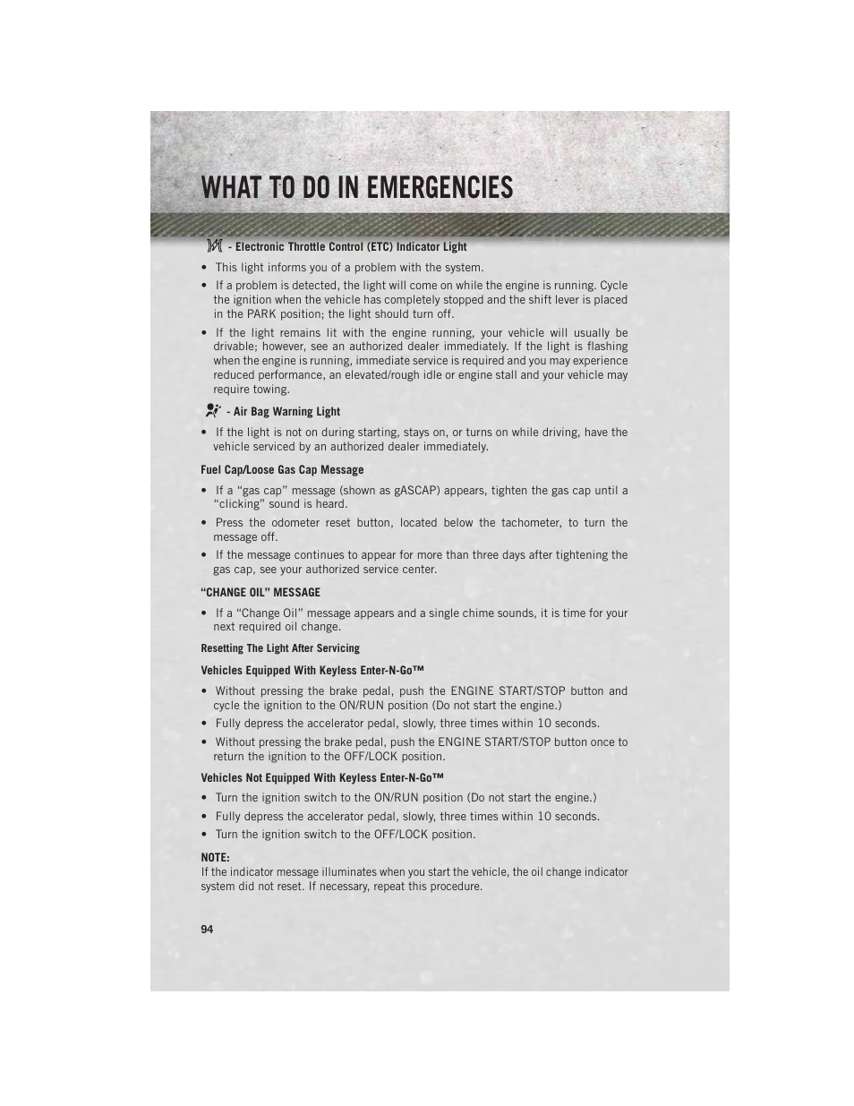 Electronic throttle control (etc) indicator light, Air bag warning light, Fuel cap/loose gas cap message | Change oil” message, What to do in emergencies | Ram Trucks 2013 С/V - User Guide User Manual | Page 96 / 140