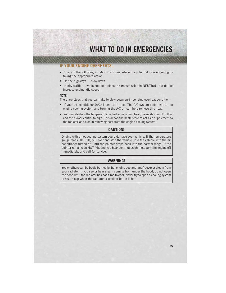 If your engine overheats, What to do in emergencies | Ram Trucks 2013 С/V - User Guide User Manual | Page 97 / 140