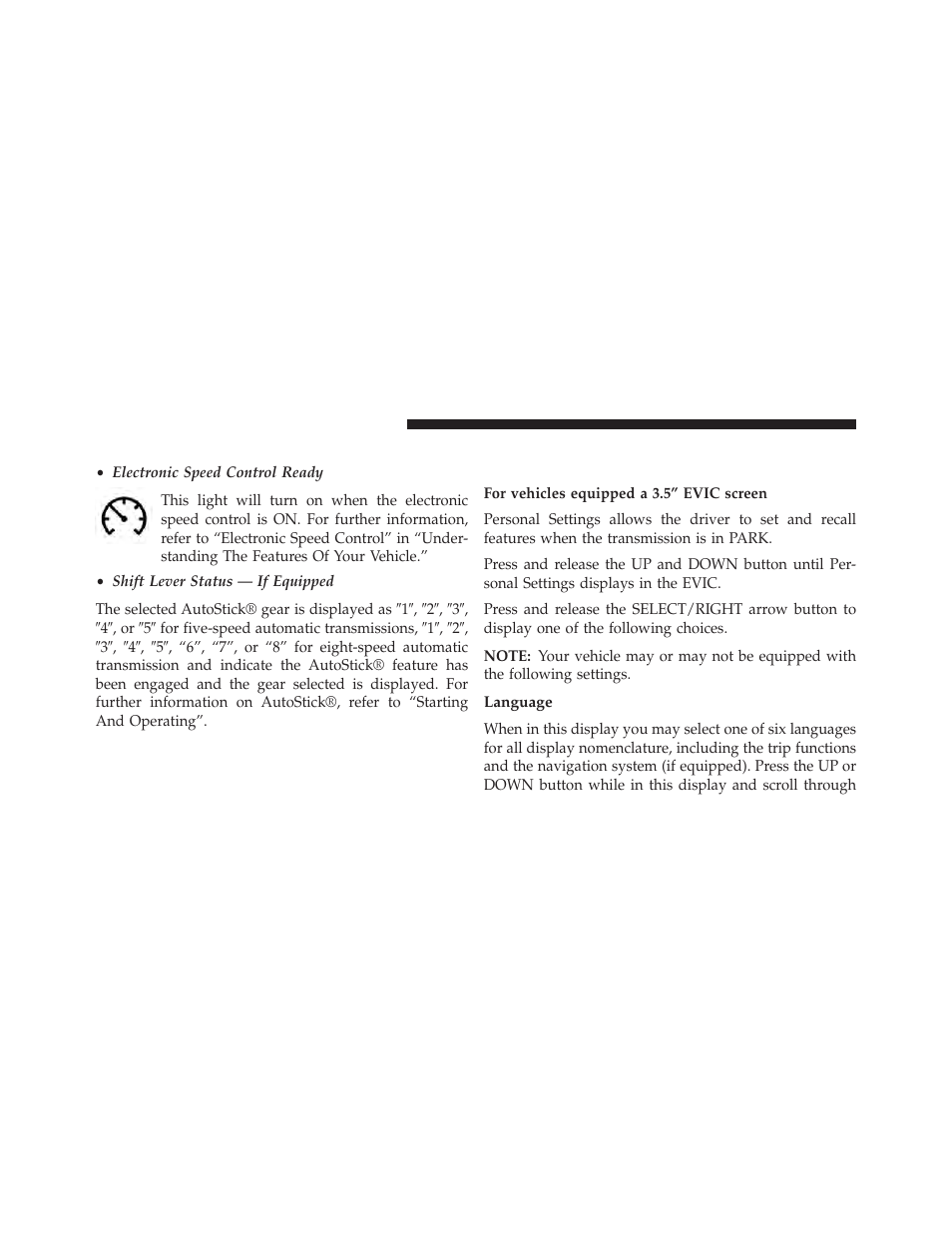 Evic white telltales, Personal settings (customer-programmable features), Language | Personal settings (customer-programmable, Features) | Ram Trucks 2014 3500 - CNG Supplement User Manual | Page 36 / 63