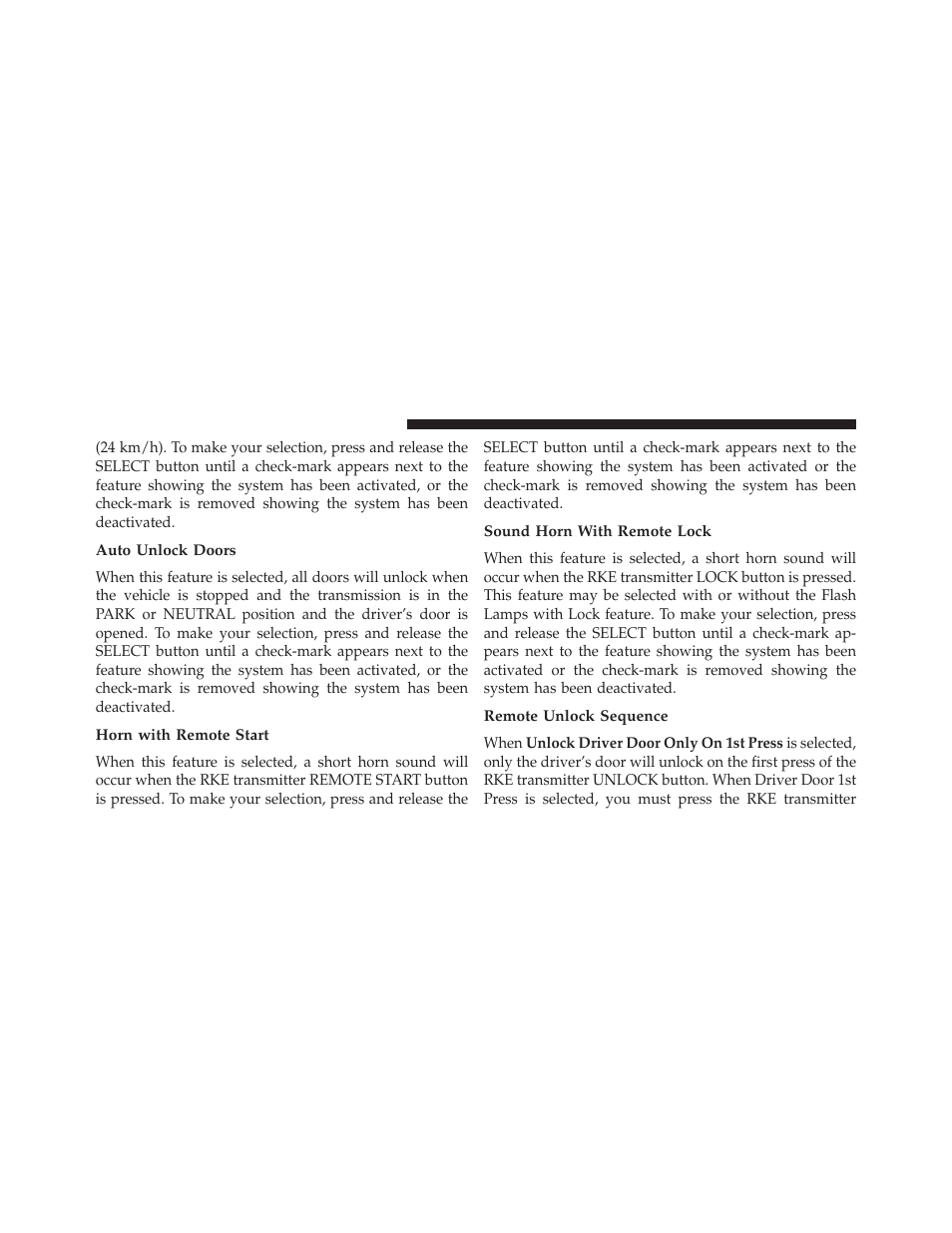 Auto unlock doors, Horn with remote start, Sound horn with remote lock | Remote unlock sequence | Ram Trucks 2014 3500 - CNG Supplement User Manual | Page 40 / 63