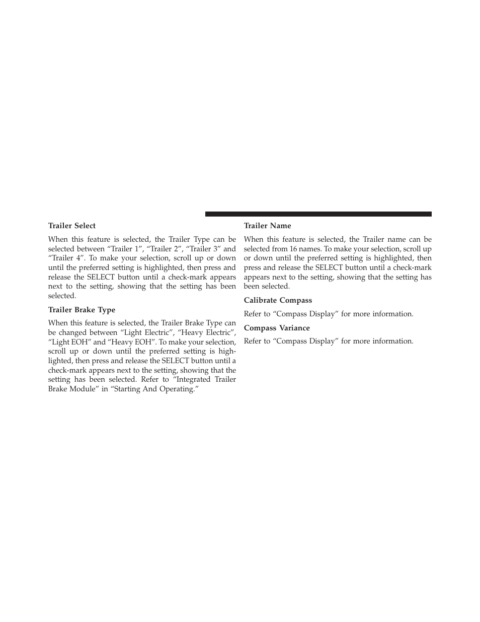 Trailer select, Trailer brake type, Trailer name | Calibrate compass, Compass variance | Ram Trucks 2014 3500 - CNG Supplement User Manual | Page 44 / 63