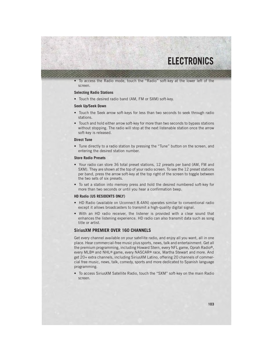 Siriusxm premier over 160 channels, Electronics | Ram Trucks 2014 3500 - User Guide User Manual | Page 105 / 260