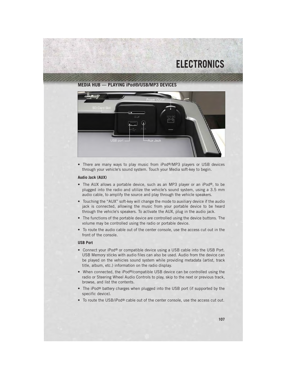 Media hub — playing ipod®/usb/mp3 devices, Electronics | Ram Trucks 2014 3500 - User Guide User Manual | Page 109 / 260