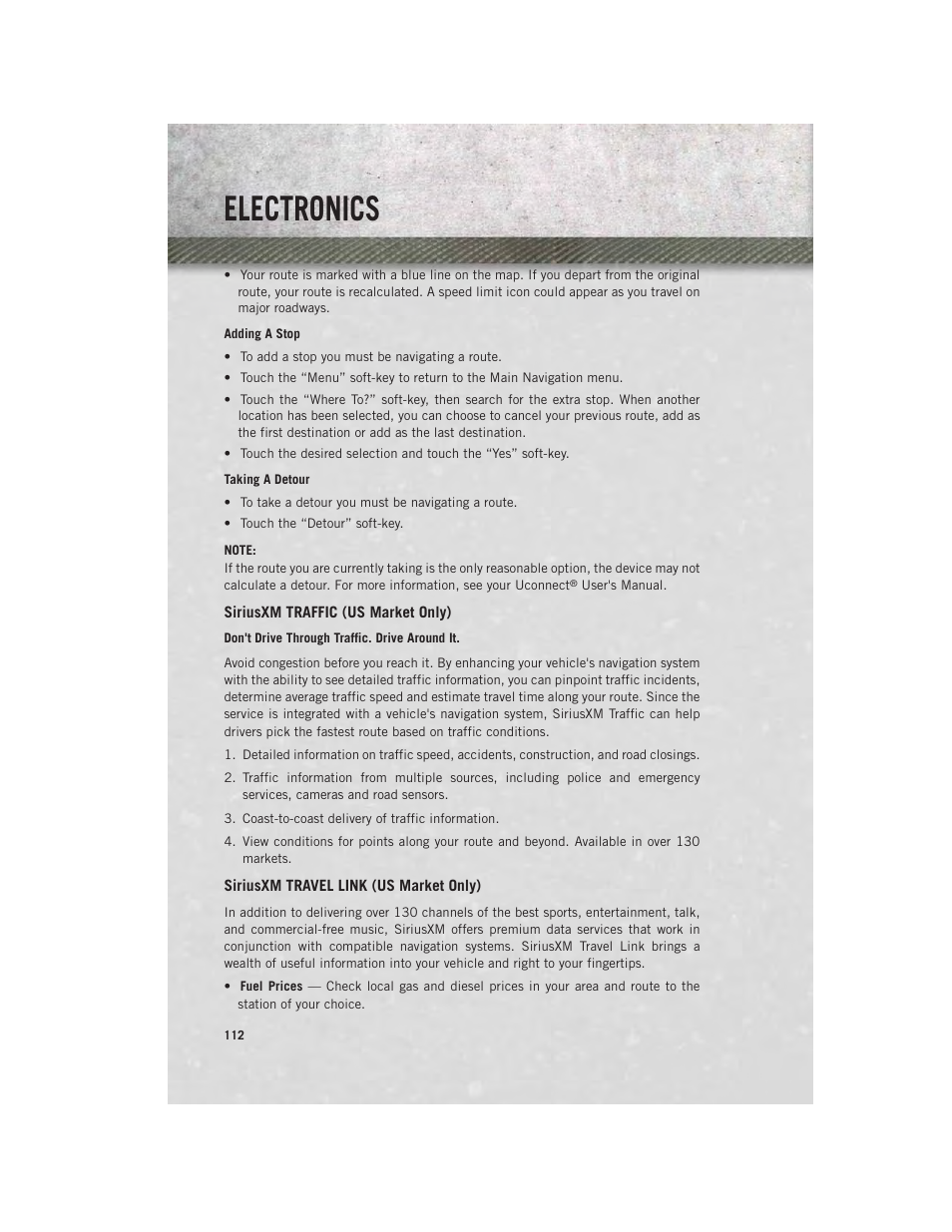 Siriusxm traffic (us market only), Siriusxm travel link (us market only), Electronics | Ram Trucks 2014 3500 - User Guide User Manual | Page 114 / 260