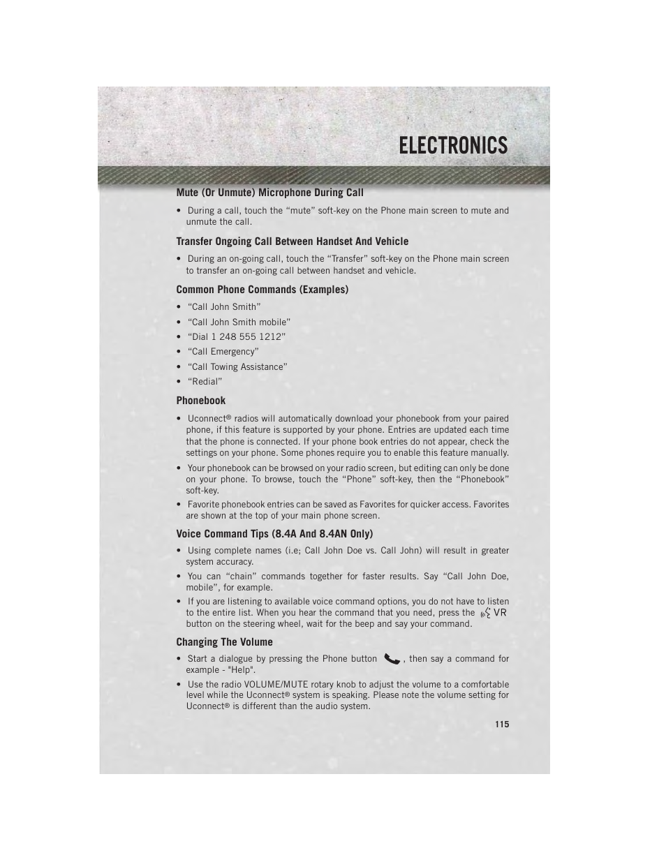 Mute (or unmute) microphone during call, Transfer ongoing call between handset and vehicle, Common phone commands (examples) | Phonebook, Voice command tips (8.4a and 8.4an only), Changing the volume, Electronics | Ram Trucks 2014 3500 - User Guide User Manual | Page 117 / 260