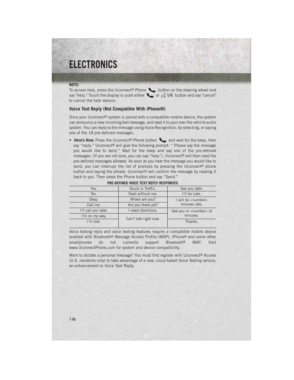 Voice text reply (not compatible with iphone®), Electronics | Ram Trucks 2014 3500 - User Guide User Manual | Page 118 / 260