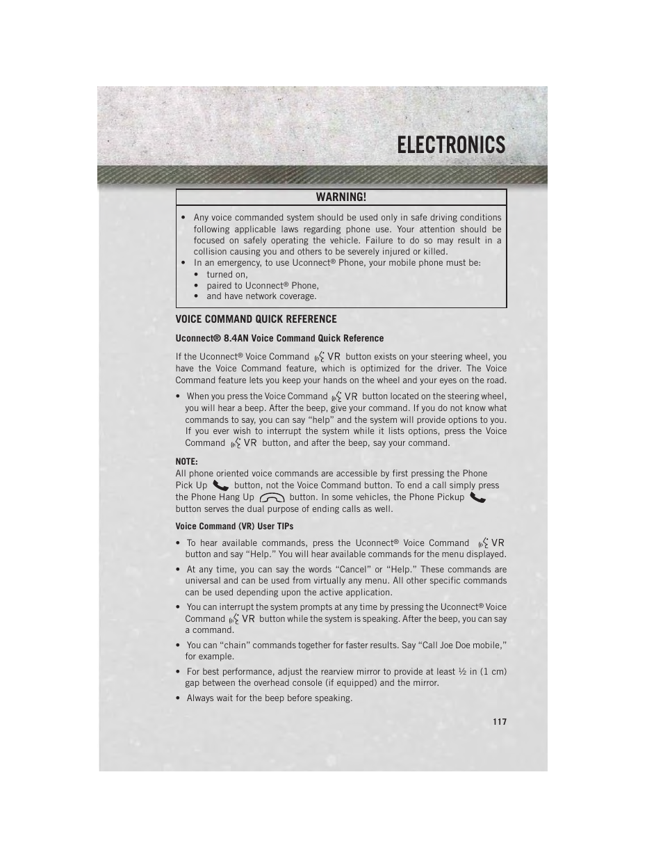 Voice command quick reference, Electronics, Warning | Ram Trucks 2014 3500 - User Guide User Manual | Page 119 / 260