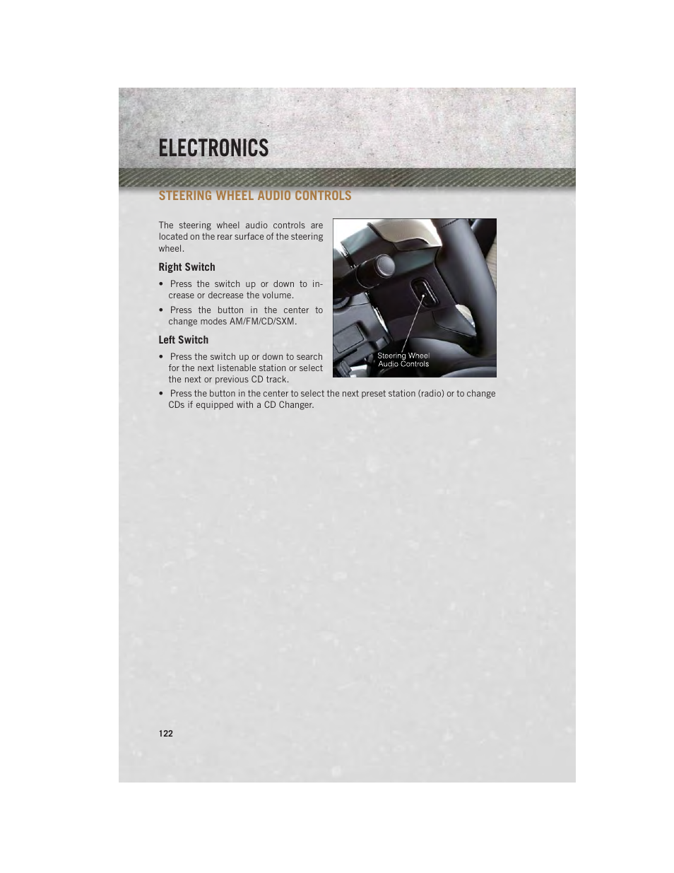 Steering wheel audio controls, Right switch, Left switch | Steering wheel audio, Controls, Electronics | Ram Trucks 2014 3500 - User Guide User Manual | Page 124 / 260