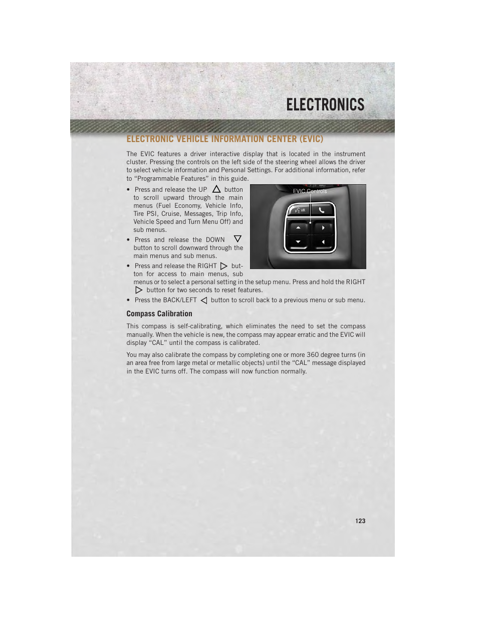 Electronic vehicle information center (evic), Compass calibration, Electronic vehicle information | Center (evic), Electronics | Ram Trucks 2014 3500 - User Guide User Manual | Page 125 / 260