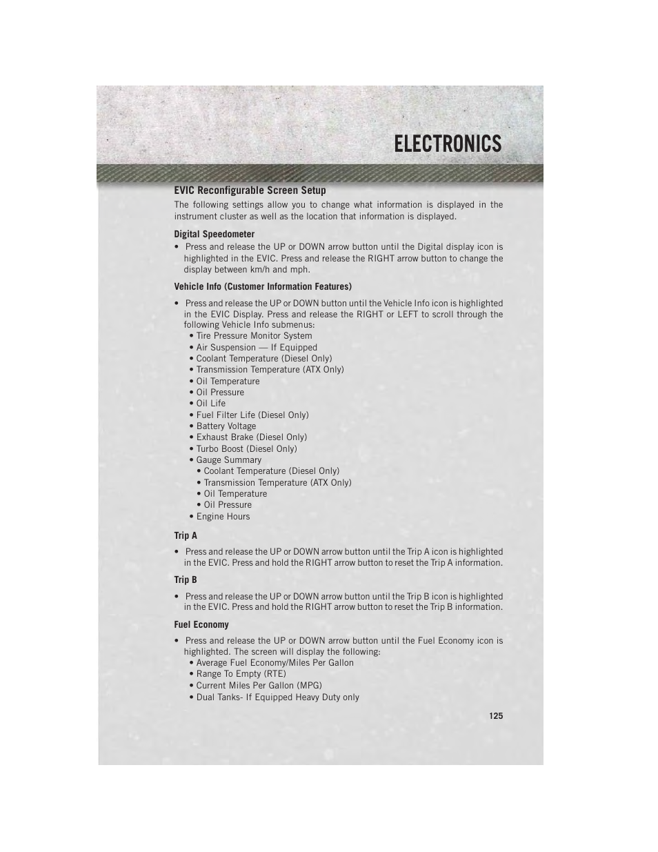 Evic reconfigurable screen setup, Electronics | Ram Trucks 2014 3500 - User Guide User Manual | Page 127 / 260