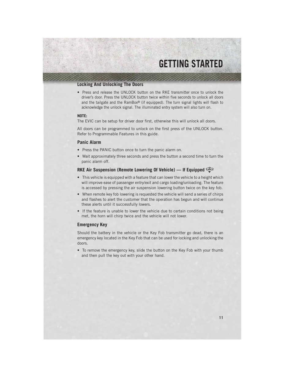 Locking and unlocking the doors, Panic alarm, Emergency key | Getting started | Ram Trucks 2014 3500 - User Guide User Manual | Page 13 / 260