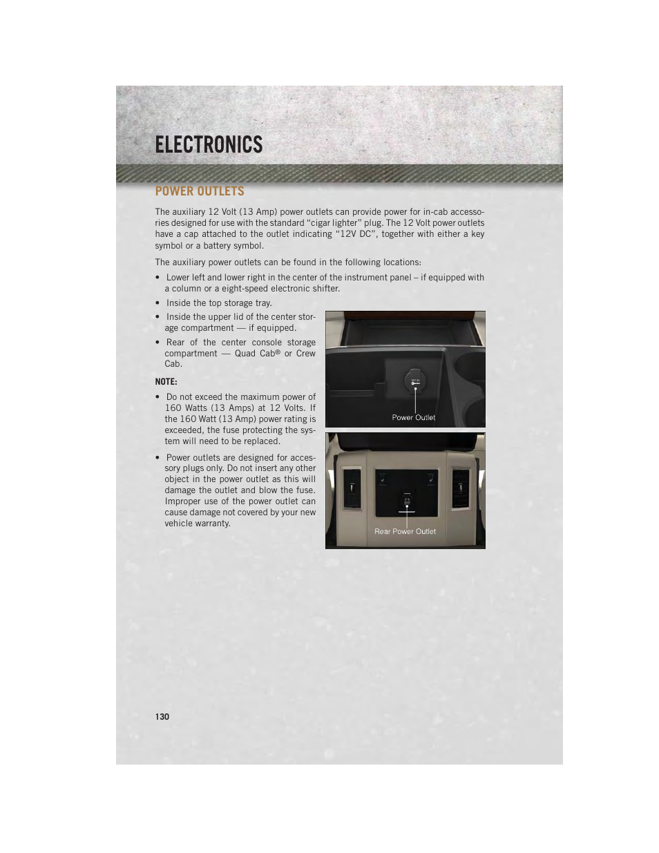 Power outlets, Electronics | Ram Trucks 2014 3500 - User Guide User Manual | Page 132 / 260