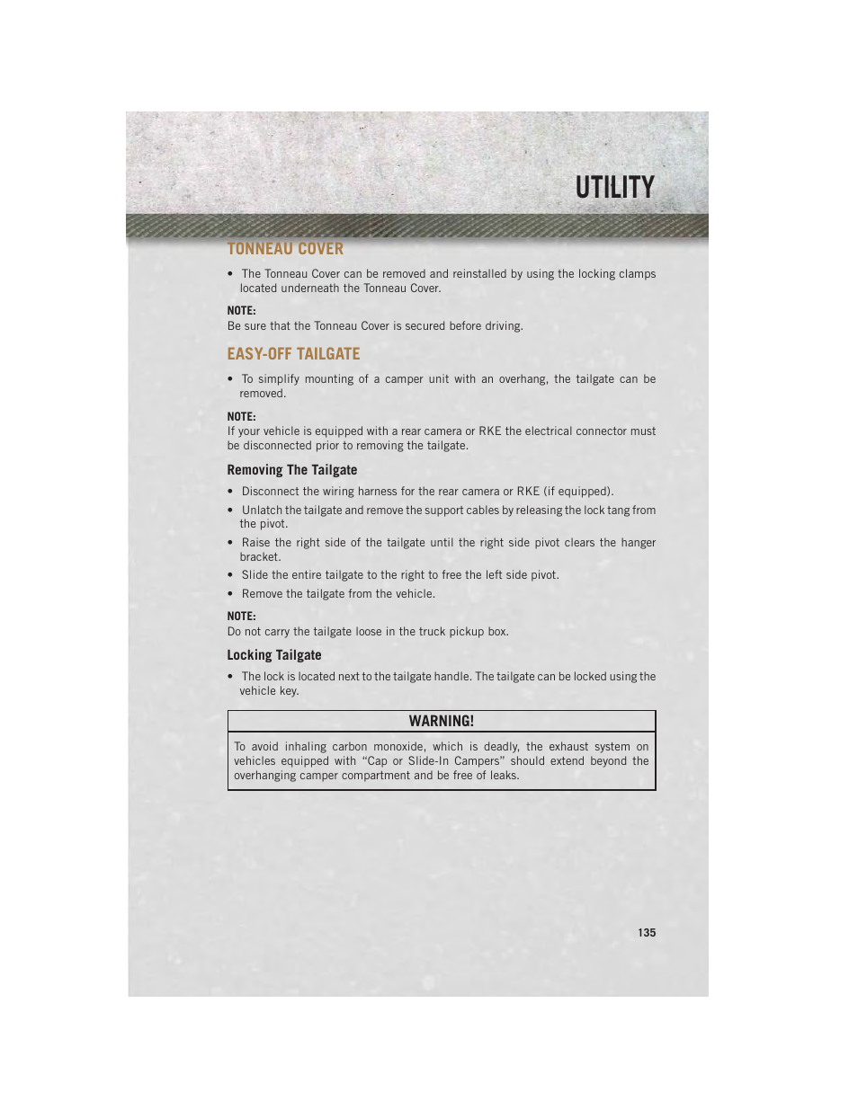 Utility, Tonneau cover, Easy-off tailgate | Removing the tailgate, Locking tailgate | Ram Trucks 2014 3500 - User Guide User Manual | Page 137 / 260