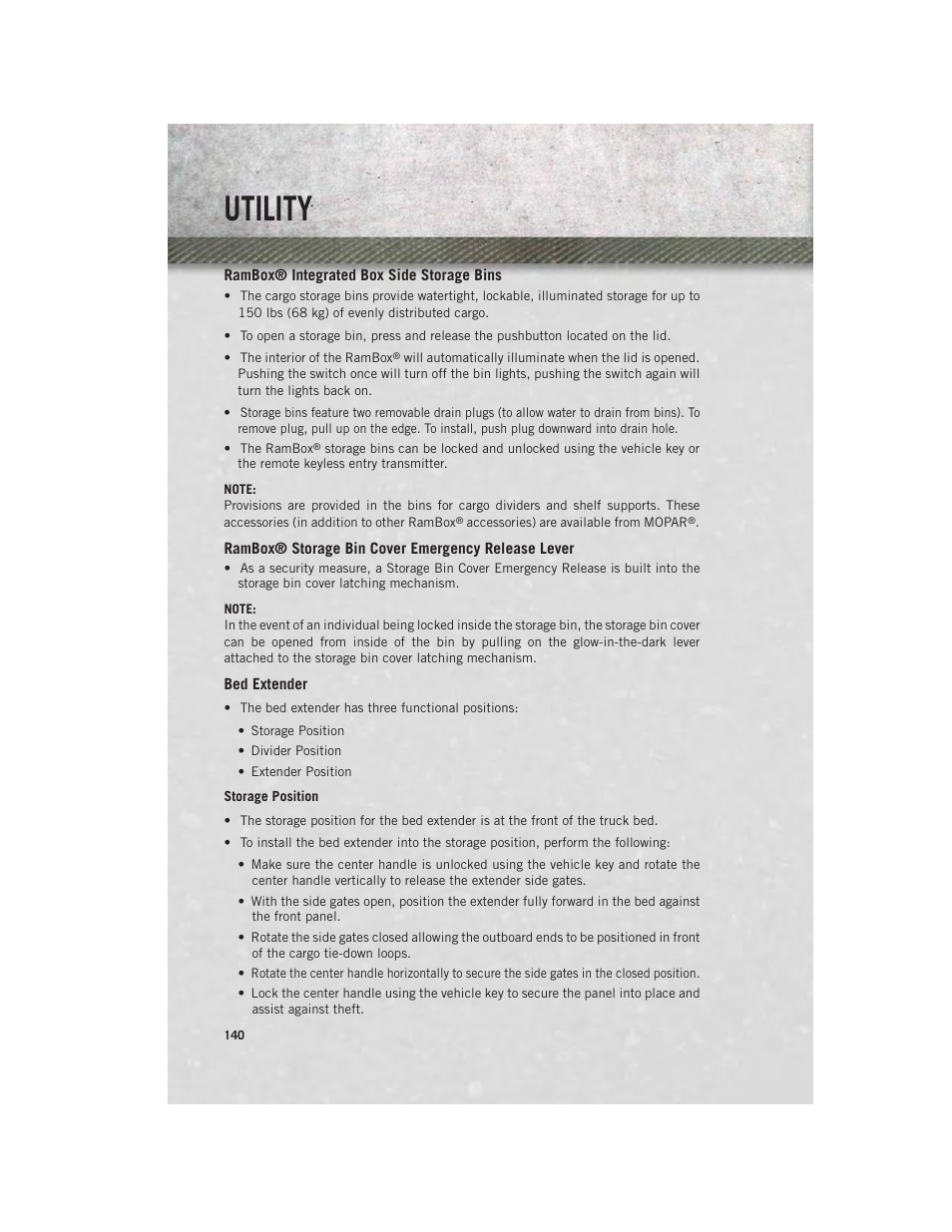 Rambox® integrated box side storage bins, Rambox® storage bin cover emergency release lever, Bed extender | Utility | Ram Trucks 2014 3500 - User Guide User Manual | Page 142 / 260