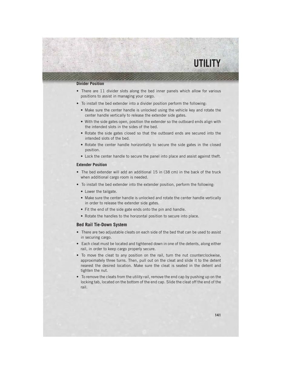 Bed rail tie-down system, Utility | Ram Trucks 2014 3500 - User Guide User Manual | Page 143 / 260