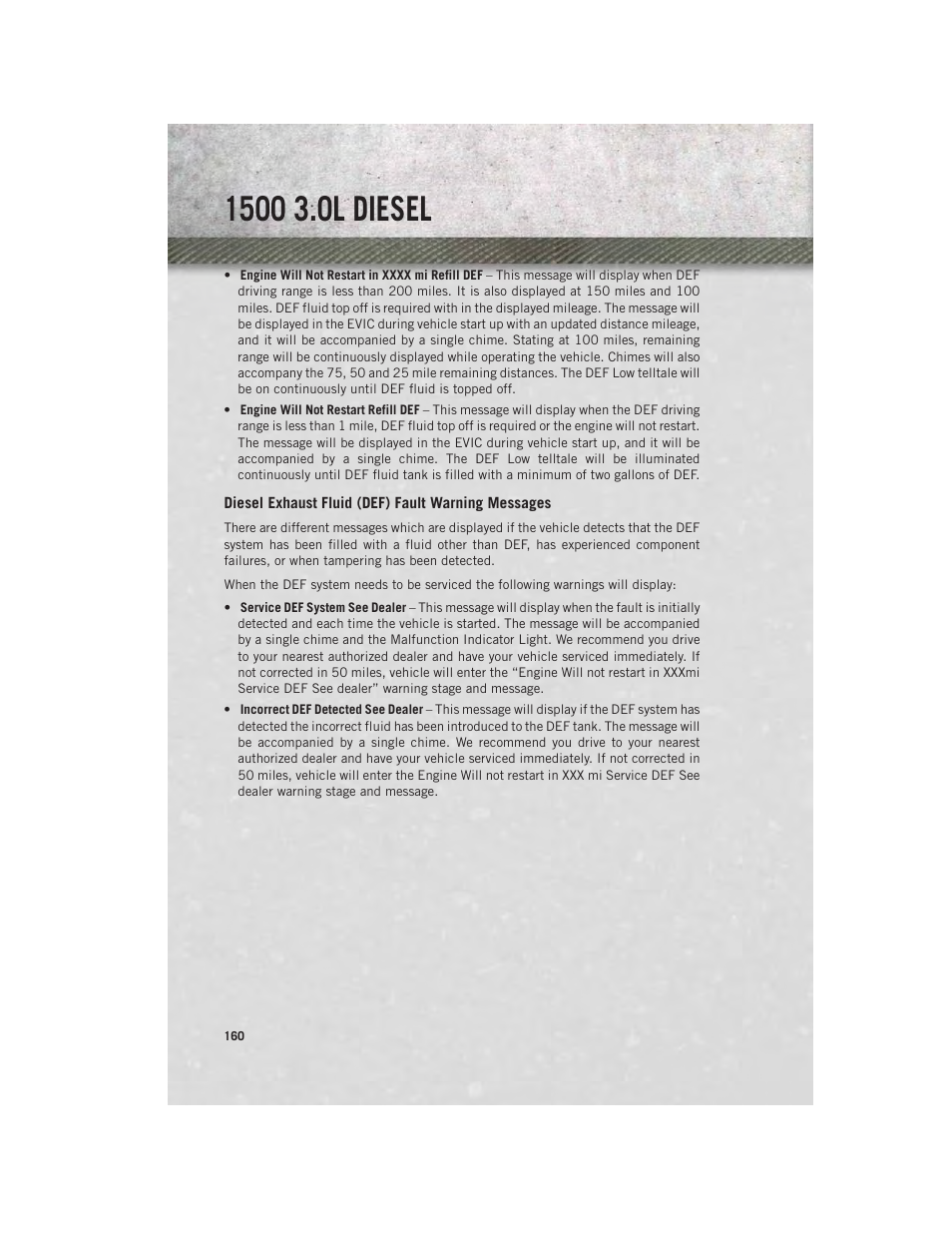 Diesel exhaust fluid (def) fault warning messages | Ram Trucks 2014 3500 - User Guide User Manual | Page 162 / 260
