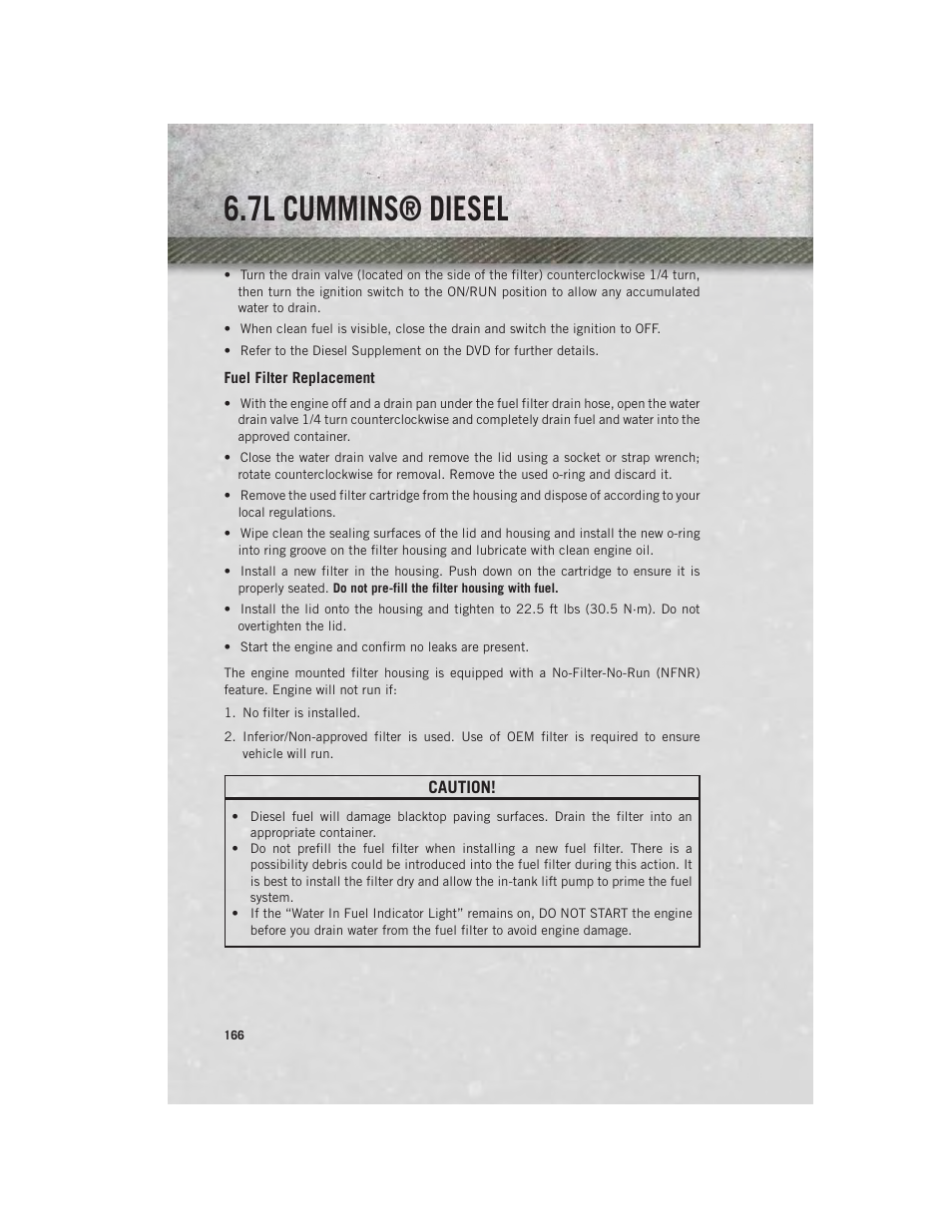 Fuel filter replacement, 7l cummins® diesel | Ram Trucks 2014 3500 - User Guide User Manual | Page 168 / 260