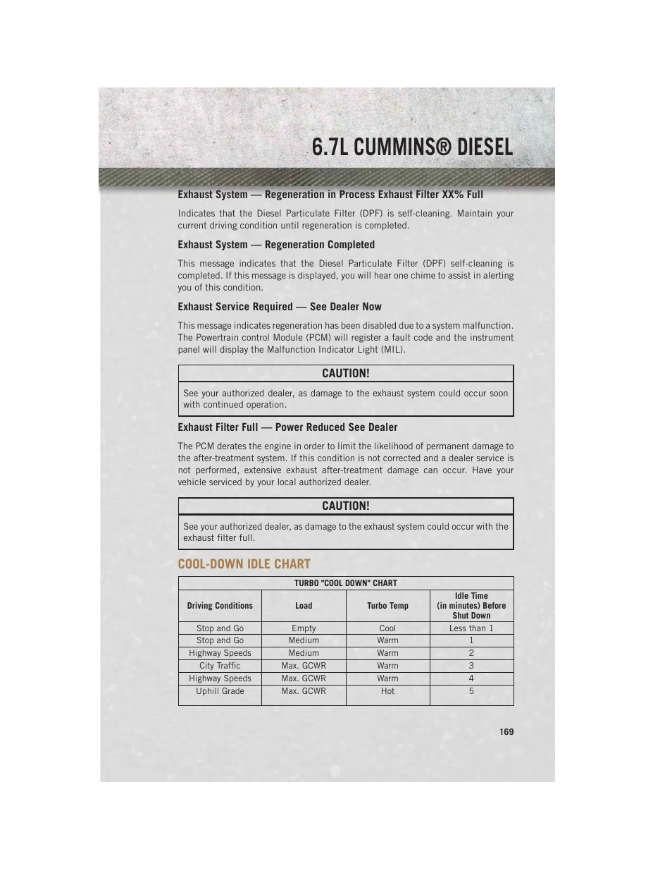 Exhaust system — regeneration completed, Exhaust service required — see dealer now, Exhaust filter full — power reduced see dealer | Cool-down idle chart, 7l cummins® diesel, Caution | Ram Trucks 2014 3500 - User Guide User Manual | Page 171 / 260