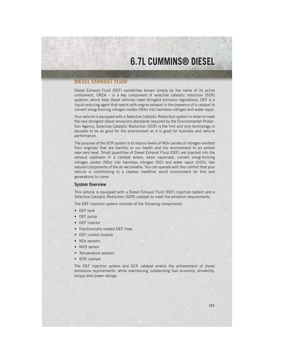 Diesel exhaust fluid, System overview, 7l cummins® diesel | Ram Trucks 2014 3500 - User Guide User Manual | Page 173 / 260