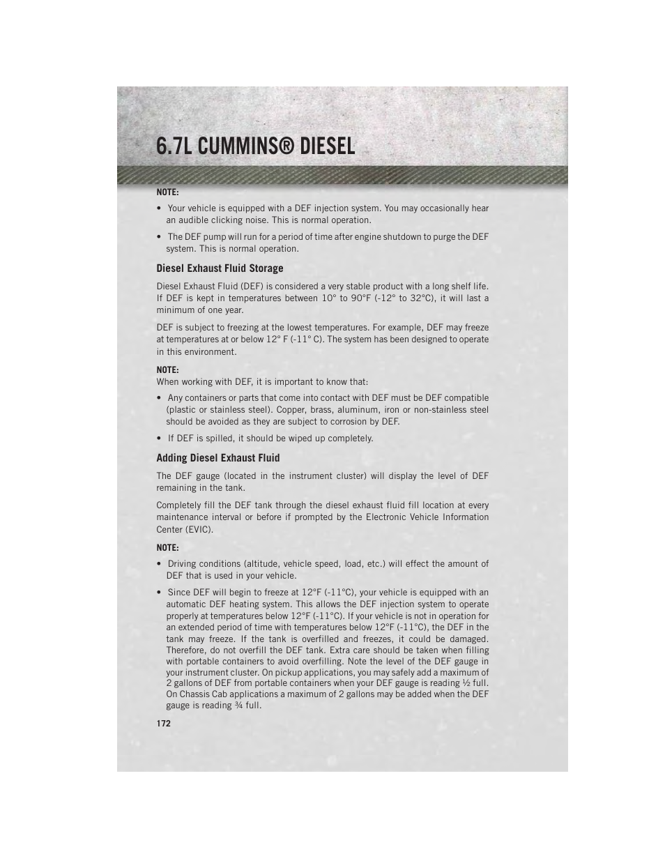 Diesel exhaust fluid storage, Adding diesel exhaust fluid, 7l cummins® diesel | Ram Trucks 2014 3500 - User Guide User Manual | Page 174 / 260