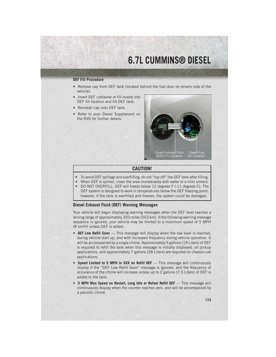 Diesel exhaust fluid (def) warning messages, 7l cummins® diesel | Ram Trucks 2014 3500 - User Guide User Manual | Page 175 / 260